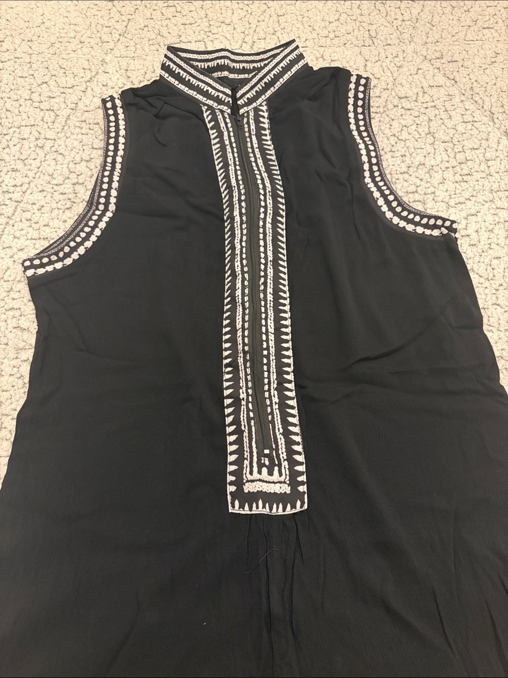 Sleeveless Black Tunic with White Embroidered Trim